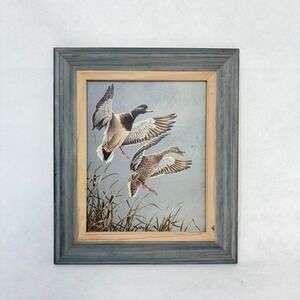 VTG Duck Art Print Framed Mallard Ducks Cattails Home Decor Farmhouse Cottage